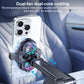 Car phone mount with black arm holding a smartphone; multicolor LED accents