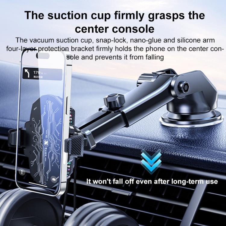 Suction-cup phone holder with adjustable arm and metal ball joint; black mount
