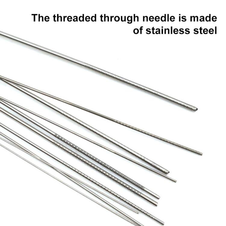 Close-up of stainless steel threaded-through welding needles with fine threads
