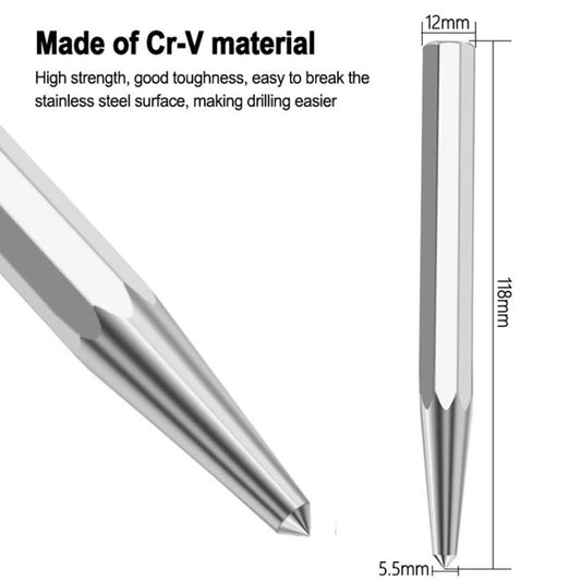 Octagonal center punch locator tool with pointed tip and grooved head, side view.