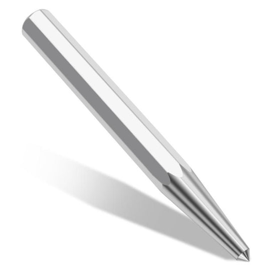 Octagonal center punch locator tool with pointed metal tip and long cylindrical body.