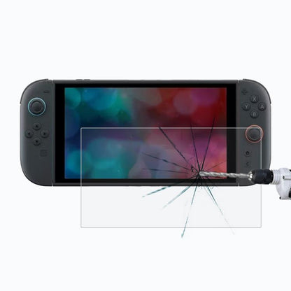 Tempered glass screen protector for Nintendo Switch 2 shown in a shatter impact test