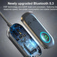 Bluetooth AUX audio adapter showing circuit board inside capsule, black with blue LED ring