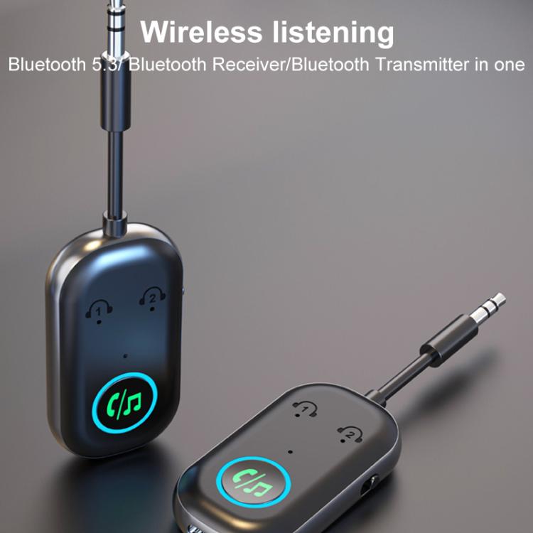 Bluetooth car AUX 2-in-1 receiver/transmitter with two units and 3.5mm audio plugs