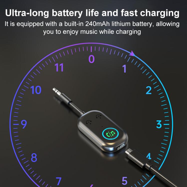 Bluetooth AUX audio adapter with 3.5mm plug and glowing button, dark body