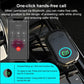 Bluetooth AUX audio adapter in-car setup with circular button and mic/call icon indicators