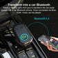 Bluetooth AUX audio adapter plugged into vehicle AUX port, blue-lit function button