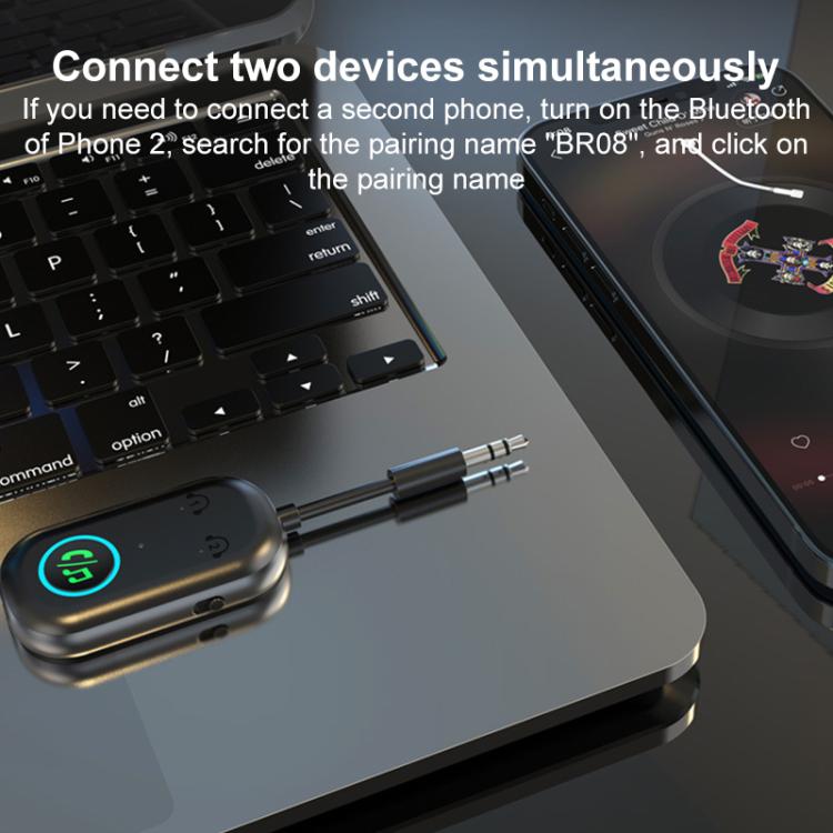 Bluetooth AUX audio adapter with 3.5mm connectors, dual-device pairing layout