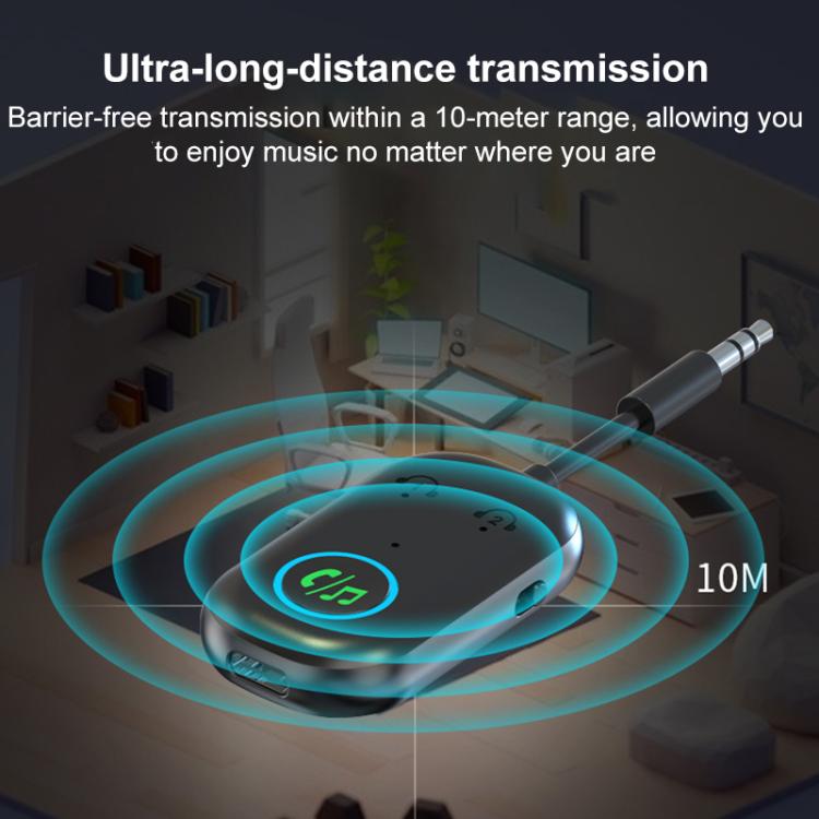Bluetooth AUX audio adapter with extended-range signal ring, dark capsule and glowing icon