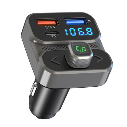 Gray car Bluetooth hands-free charger with LCD voltage display and dual USB ports