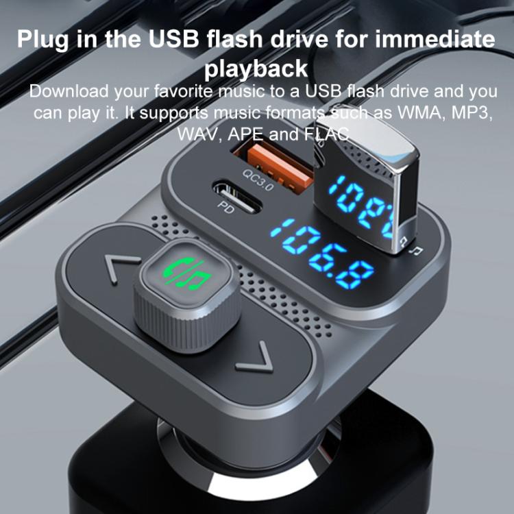 Car Bluetooth hands-free charger with QC3.0 and PD USB ports and blue LCD display