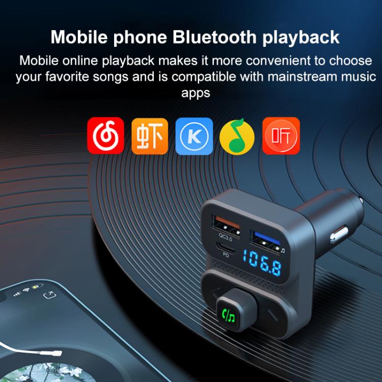 Car Bluetooth hands-free charger with dual USB ports and blue audio playback display