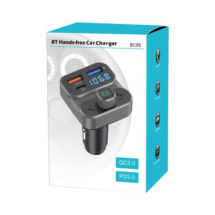 BT Hands-free car charger retail box showing gray device with QC3.0 and PD3.0 ports