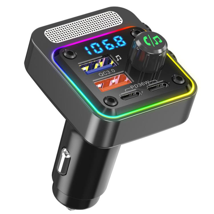 Green car Bluetooth hands-free charger with LED display, mic grille, and USB ports