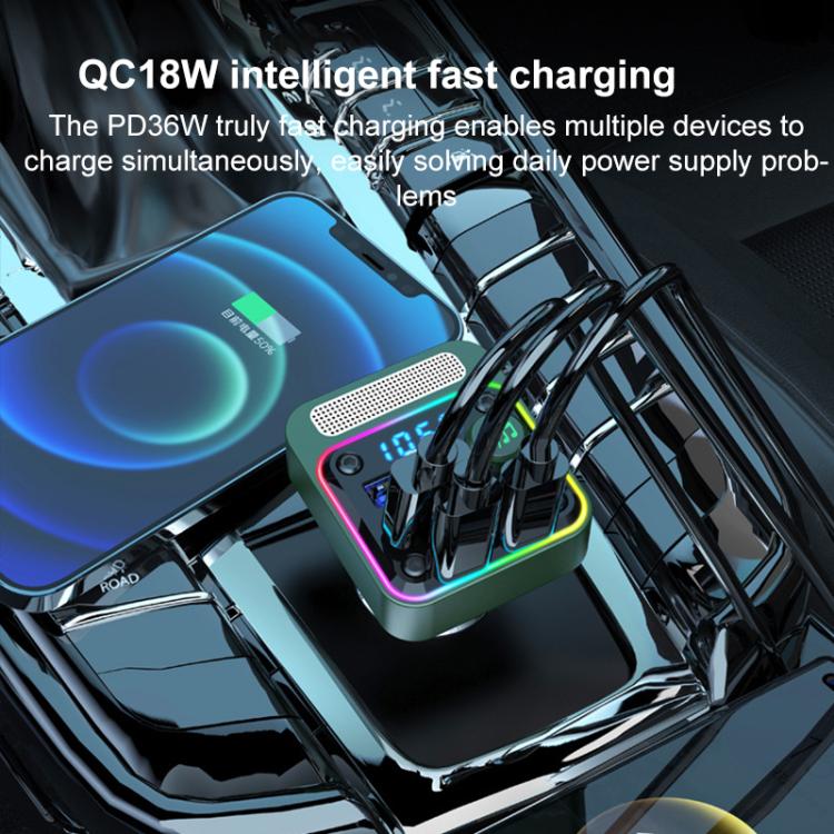 Green car Bluetooth hands-free charger with glowing LED panel and QC/PD ports