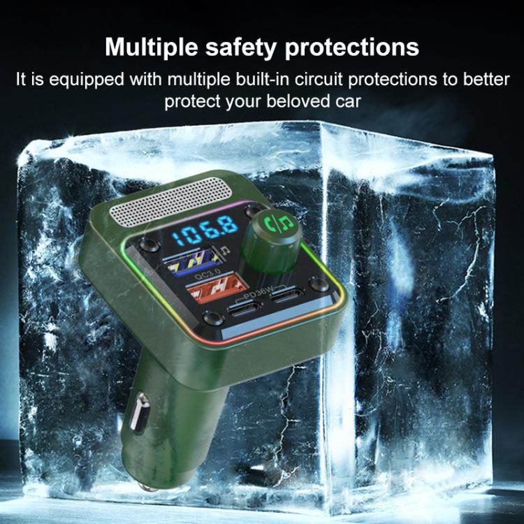 Green Bluetooth hands-free car charger with digital LED display and multiple ports