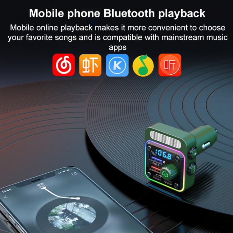 Green car Bluetooth playback charger with LED panel, shown with music app icons