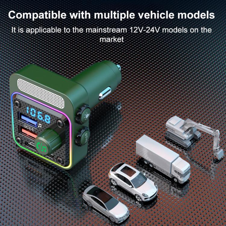 Green car Bluetooth charger with LED display, shown near model vehicles