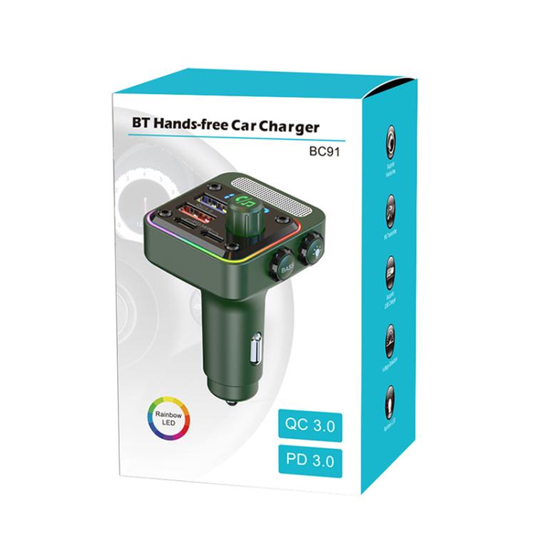BC91 boxed BT hands-free car charger with QC 3.0 and PD 3.0 labels