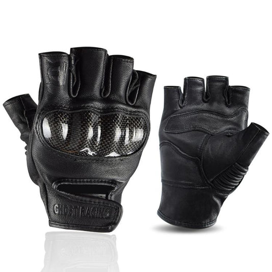 GHOST RACING black half-finger gloves with breathable mesh knuckle panel and wrist closure