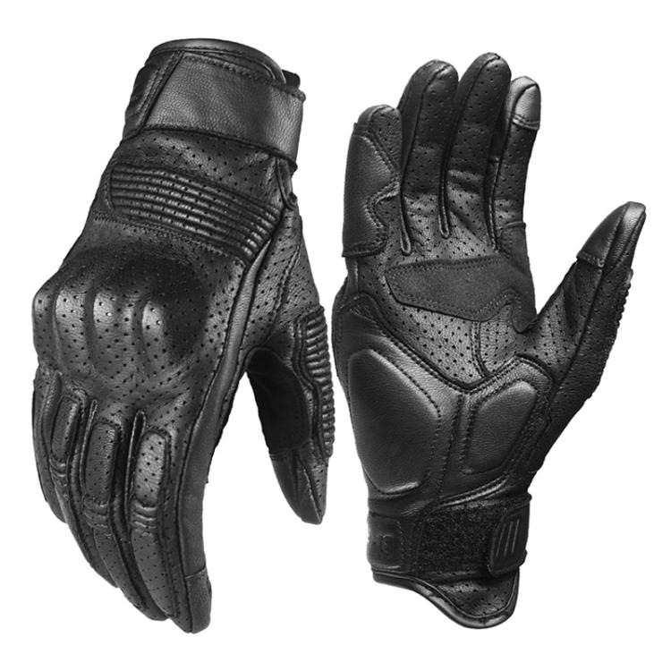 Retro motorcycle leather touch screen full-finger gloves with perforated knuckle panels