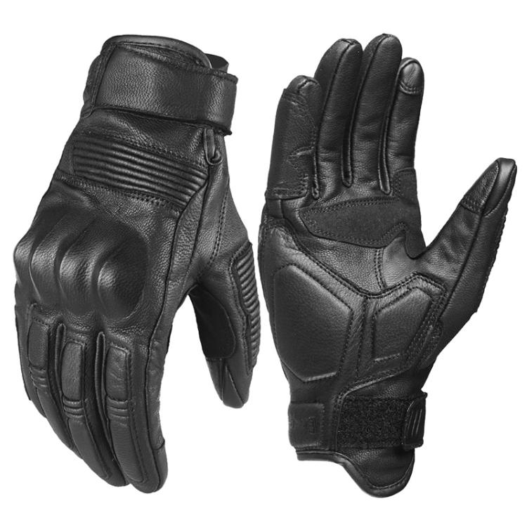 Smooth black leather motorcycle touch gloves with padded knuckles
