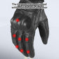 Black leather motorcycle gloves with armored backhand and stitched protective panels