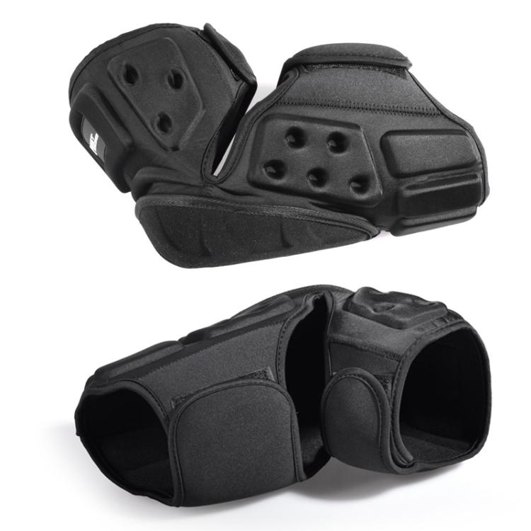 Black motorcycle knee pads, side view with padded sleeves and hard shell protectors
