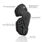 Black motorcycle knee pads on white background, vented hard caps and elastic strap