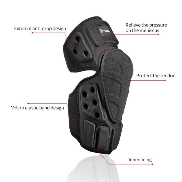 Black motorcycle knee pads on white background, vented hard caps and elastic strap