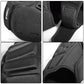 Black motorcycle knee pads close-up showing textured fabric and curved hard armor
