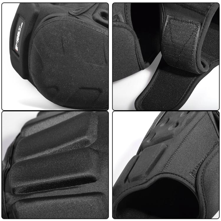 Black motorcycle knee pads close-up showing textured fabric and curved hard armor