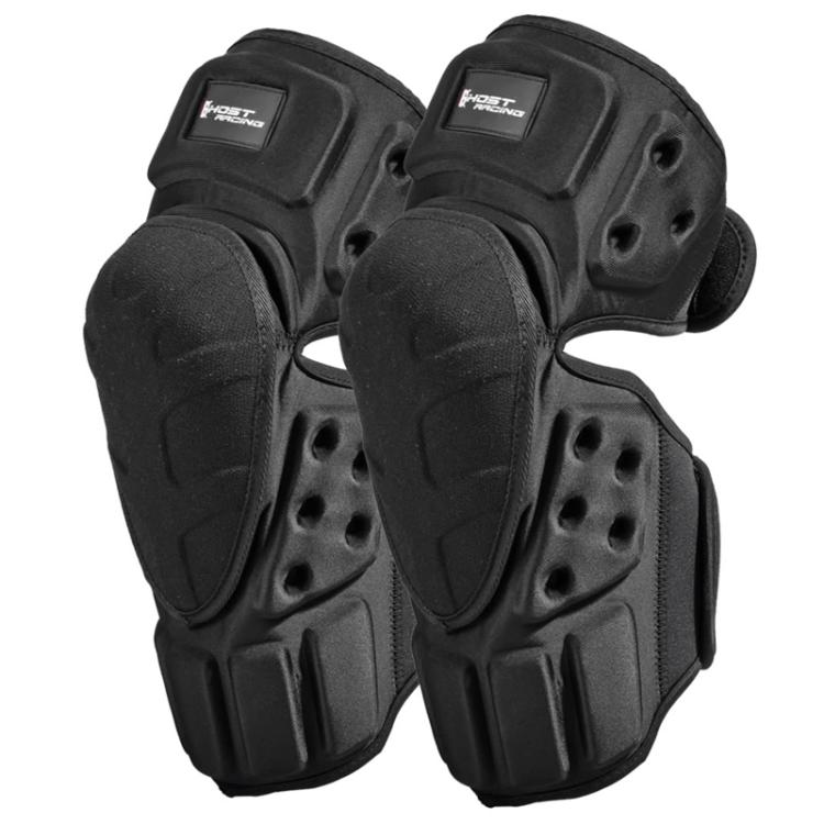Pair of black motorcycle protective knee pads with hard shell and adjustable straps