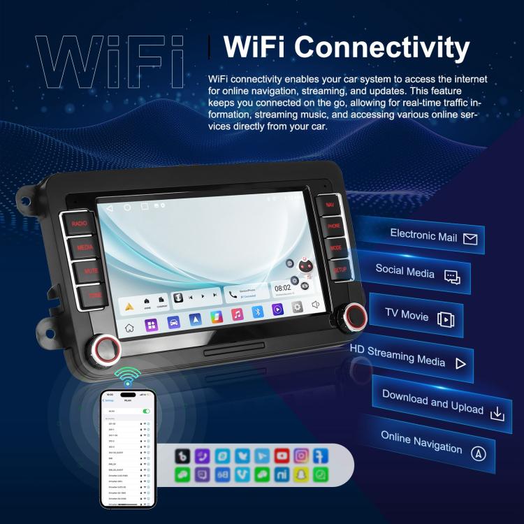Android car head unit with 9-inch touchscreen showing WiFi connectivity icons