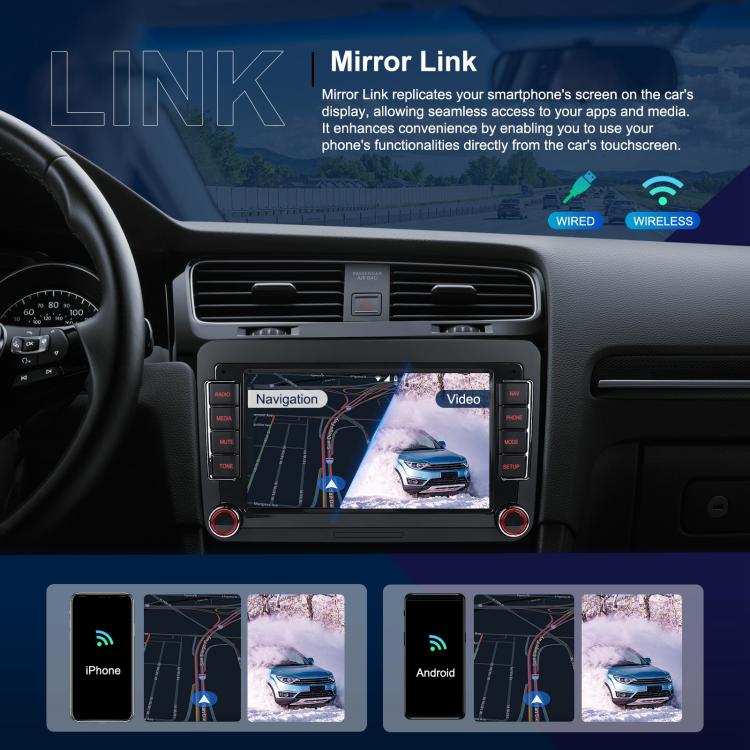 Android car head unit with 9-inch touchscreen showing mirror link video feed