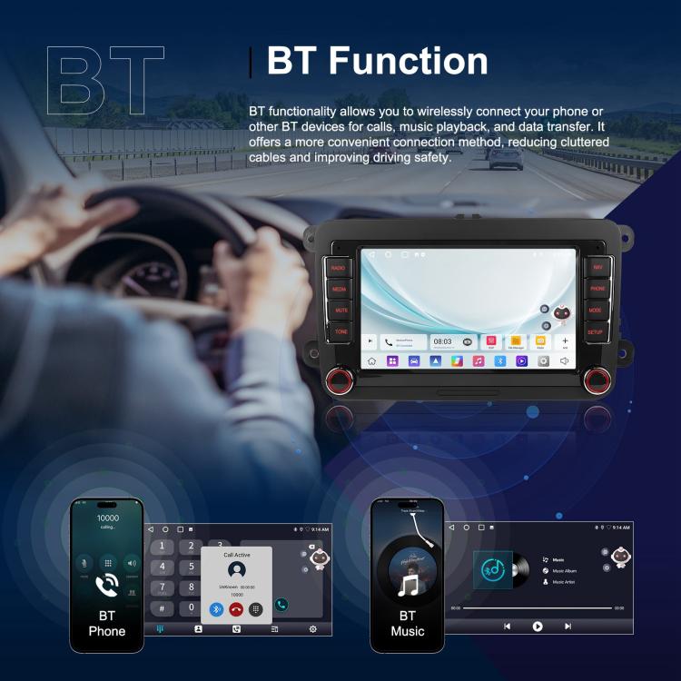 Android car head unit with 9-inch touchscreen showing Bluetooth controls