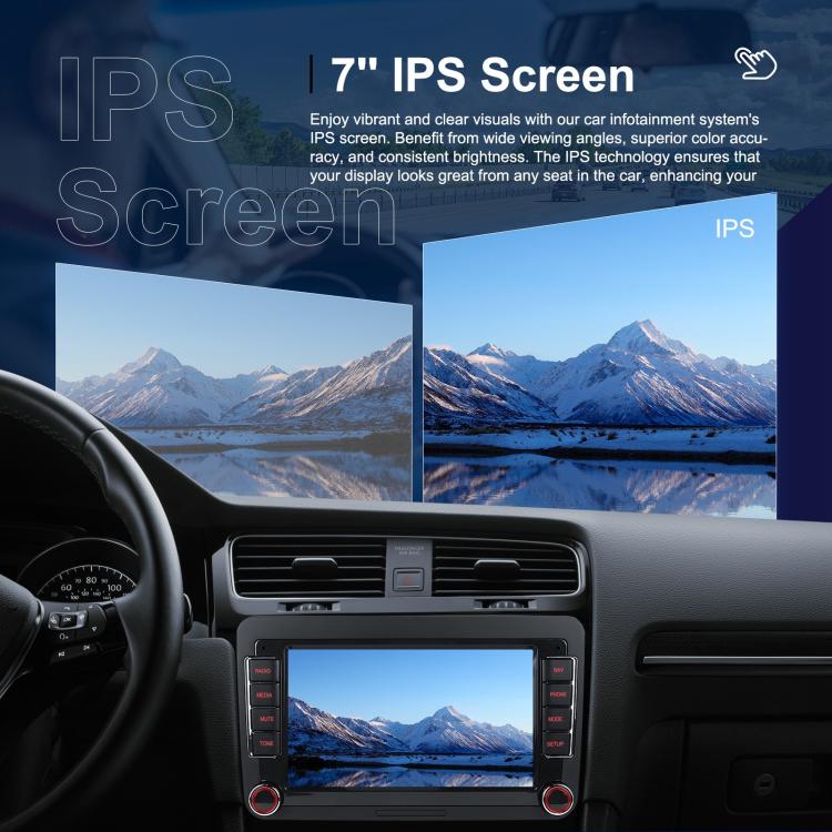 Android car head unit with 9-inch IPS touchscreen displaying landscape video