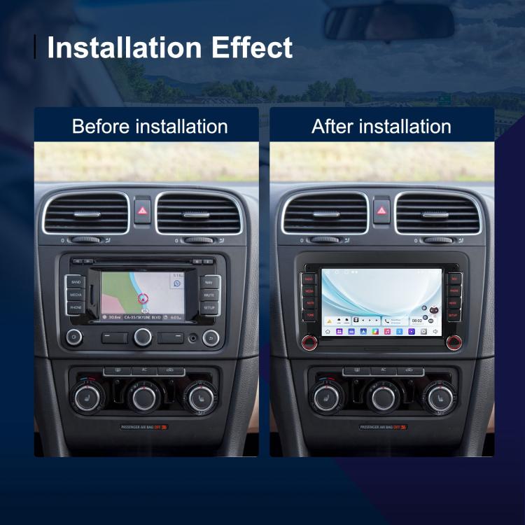 Dashboard installation comparison showing stereo head unit with touchscreen before and after