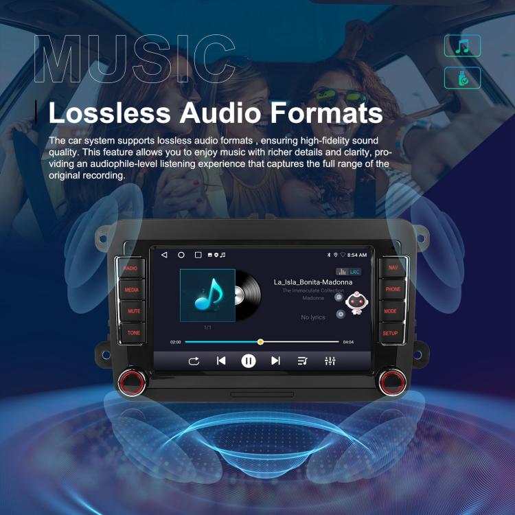 Android car stereo showing music playback screen on 9-inch navigation display