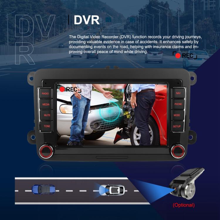 Android car head unit with 9-inch touchscreen showing DVR recording view