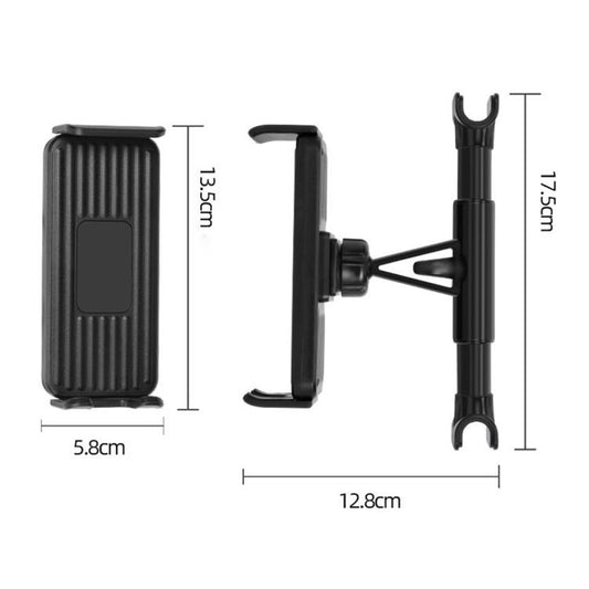 Car headrest phone and tablet holder with slim mount arms, shown with size guide