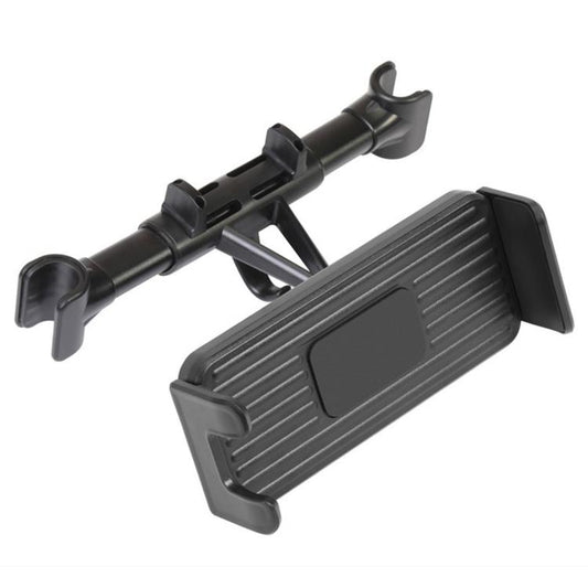 Car headrest phone and tablet holder with adjustable clamp arms, black
