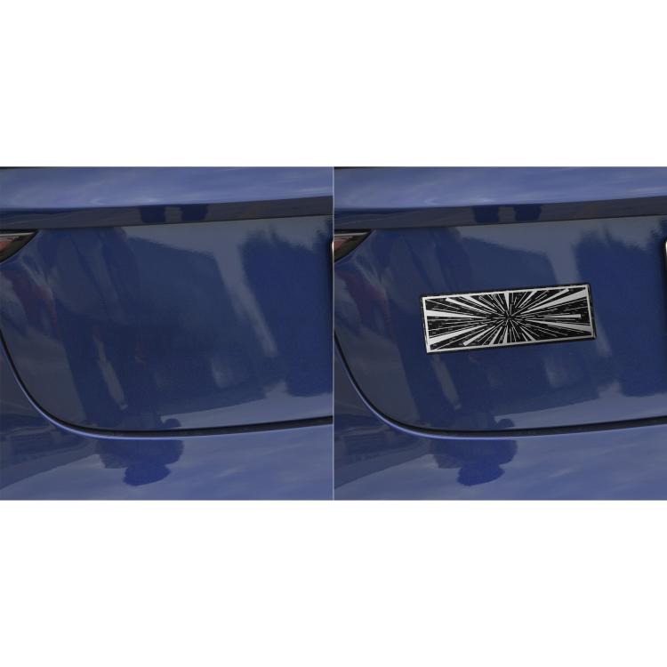 Rectangular sticker with white radial burst pattern on car rear panel, two angles