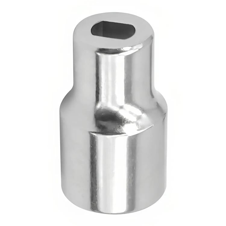 Chrome shock absorber socket tool with open slot on top and cylindrical body