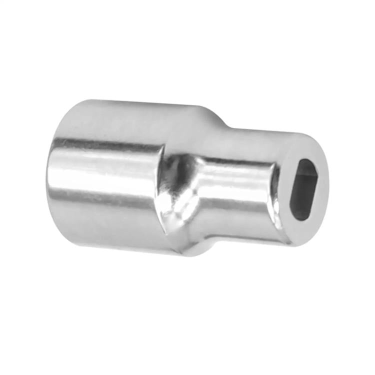 Chrome shock absorber socket with centered notch and hex-style internal cutout