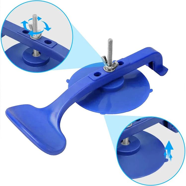 Blue suction cup clamp with metal screw post and locking arm for glass repair