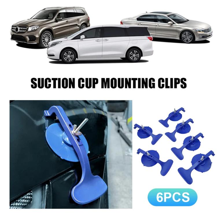 6-pack suction cup mounting clips with blue arms and metal screw posts