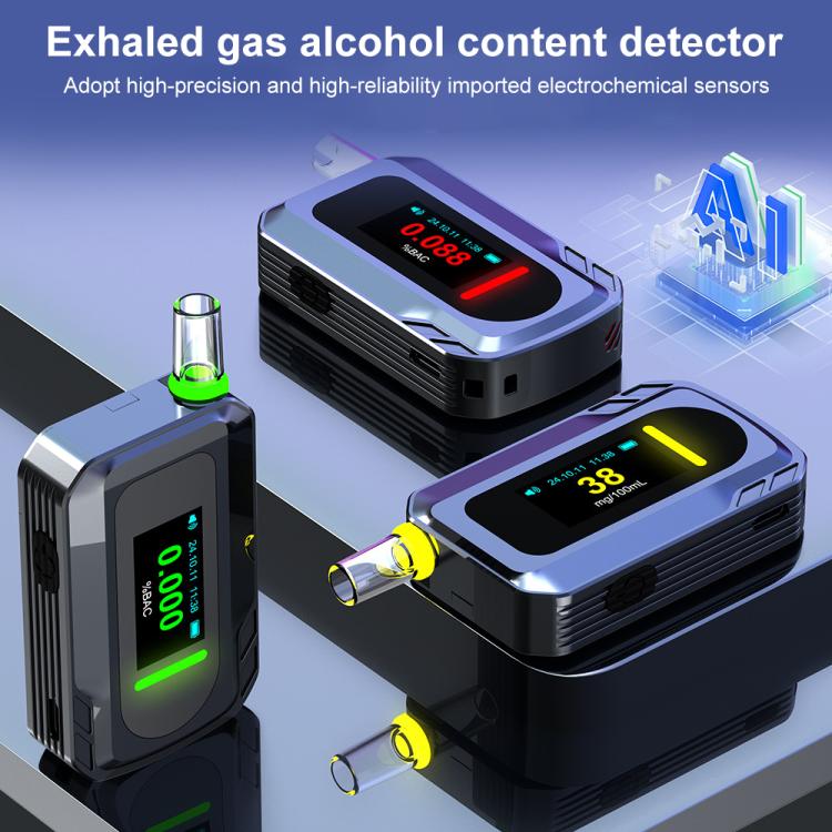Portable alcohol detector device with LCD screen and test mouthpiece, angled views