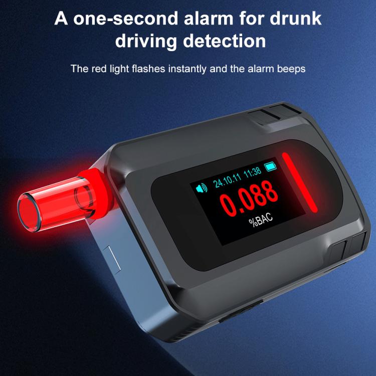 Handheld alcohol tester with red alarm light and %BAC readout on screen