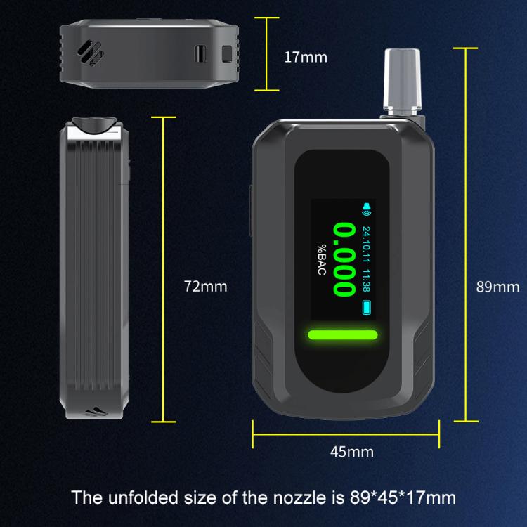 Compact breath alcohol tester size diagram with screen, nozzle, and height markers